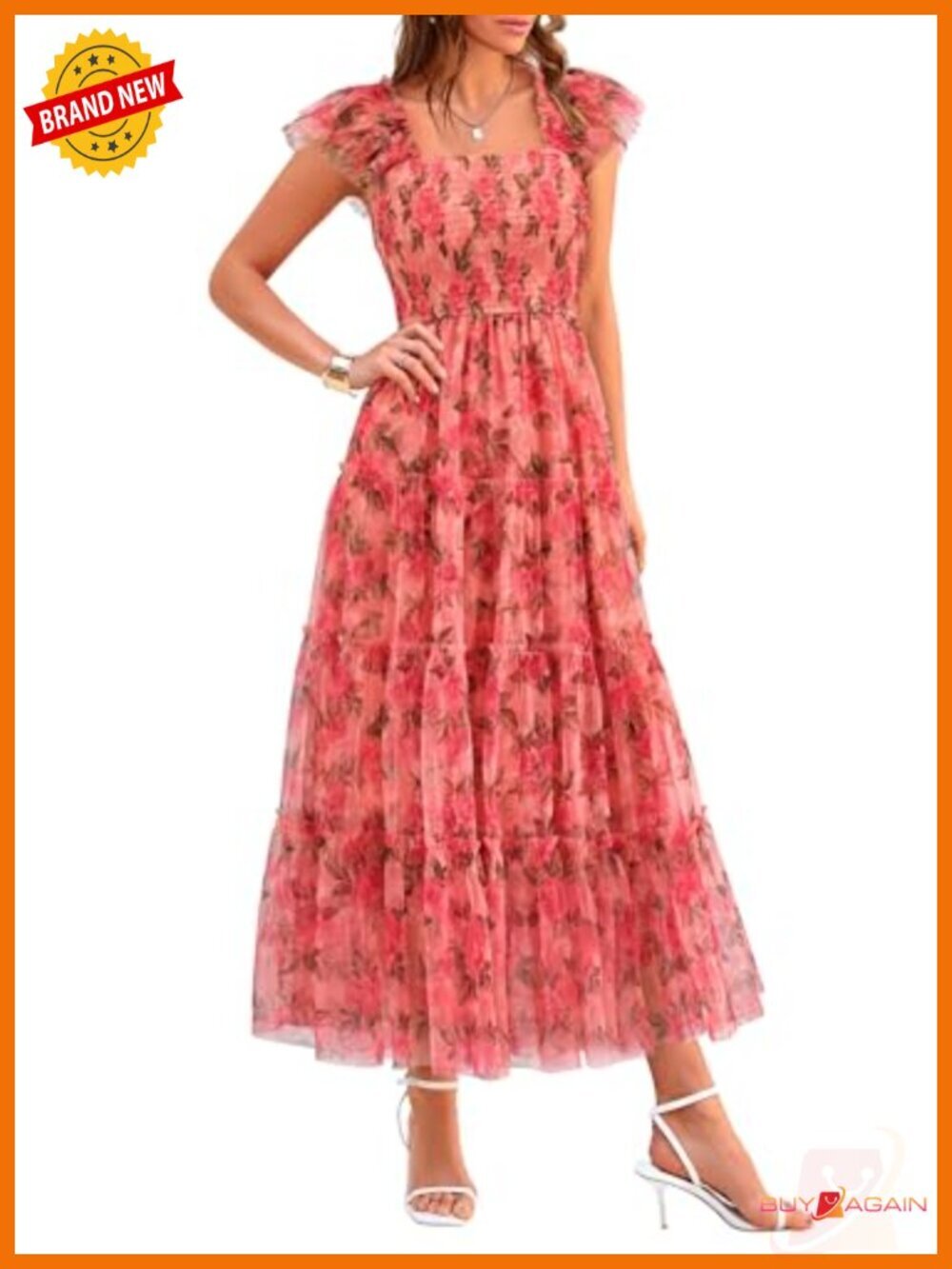Tulle Midi Dress Sleeveless Smocked Ruffle Flowy Mesh Wedding Guest Sundress